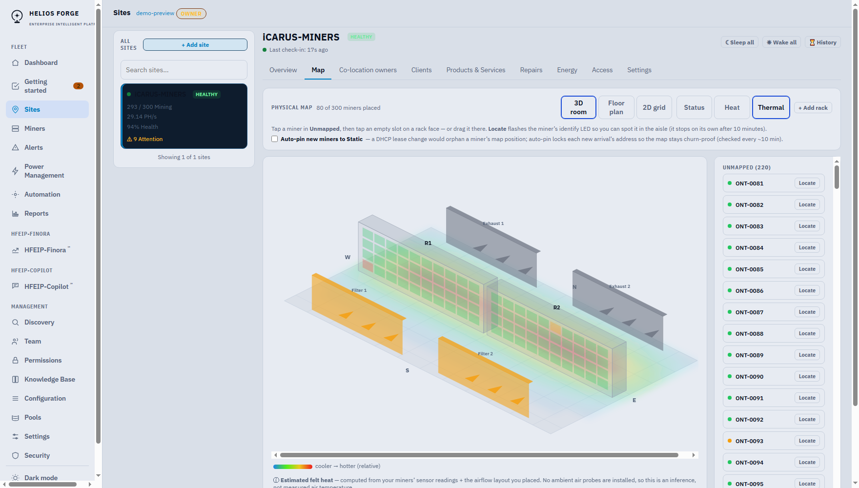 Helios Forge Fleet 3D site map in thermal view: racks, water curtains and exhaust fans with an estimated felt-heat overlay of the demo room